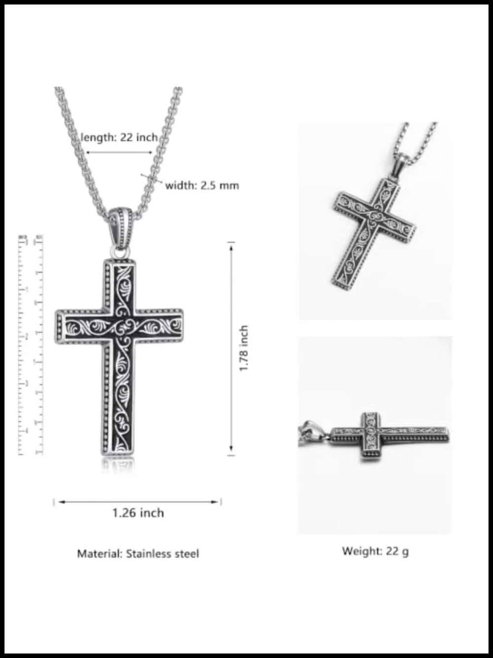 Gothic Cross Necklace 316L Stainless Steel Victorian Filigree Pendant 22 Chain